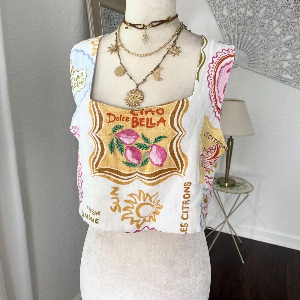 Paper Heart Australia Dolce Vita Italian Postcard Linen Crop Top L - Picture 2 of 6
